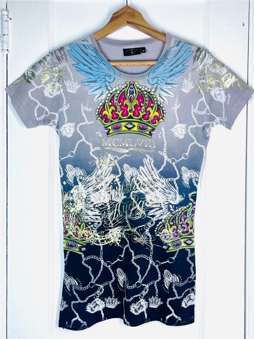 Kids Gradient Grey to Navy Graphic Tee with Crown & Wings